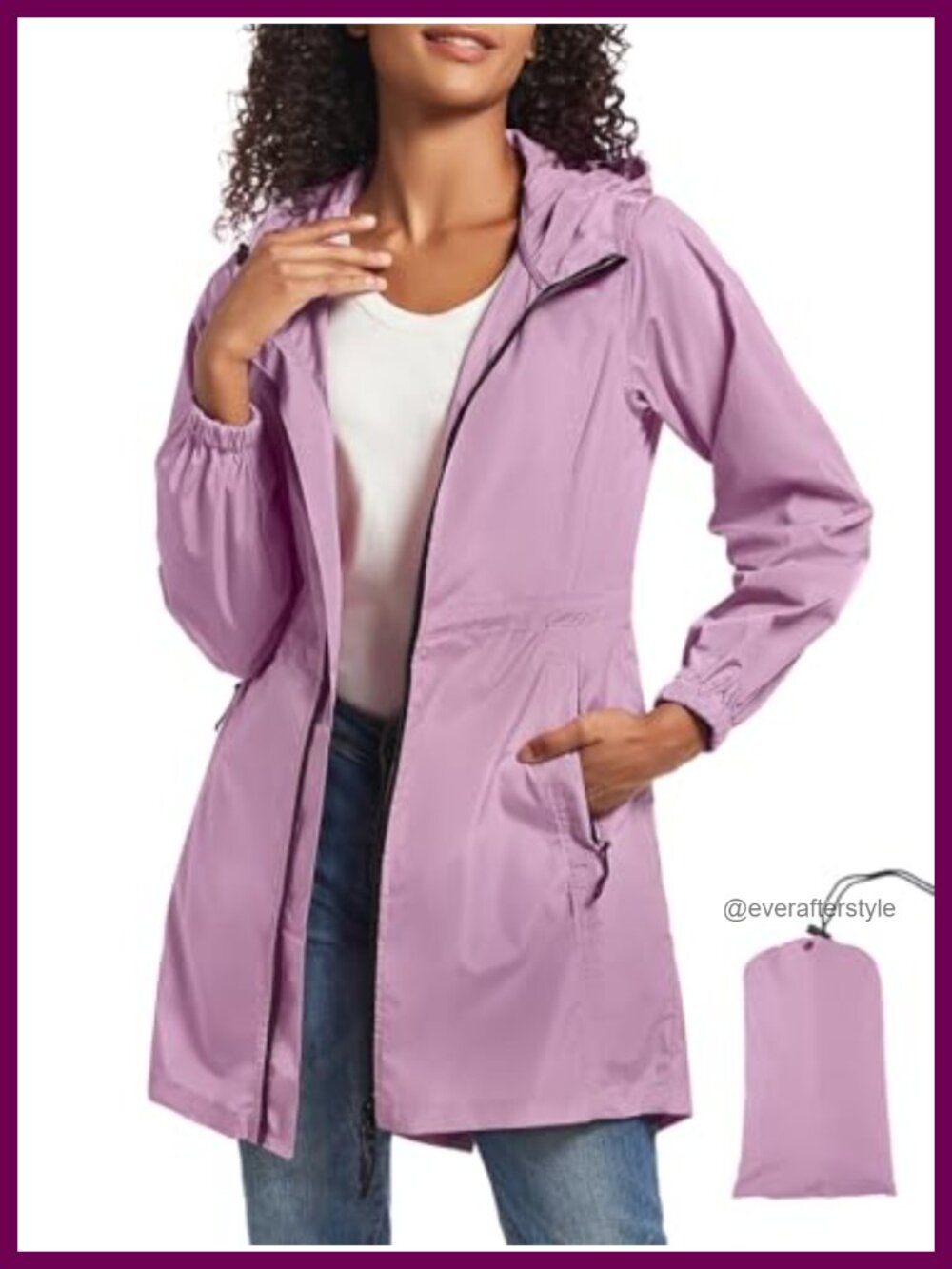 Women's Long Packable Waterproof Rain Jacket Hooded Trench Raincoat